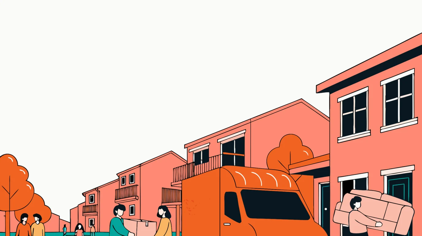 A flat-illustration of a removal truck and movers on a Canterbury-Bankstown street