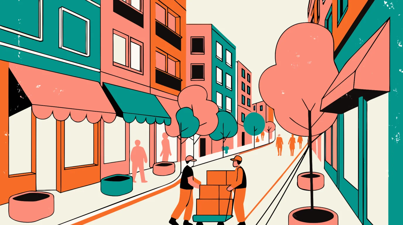 A flat-illustration street scene of a removal in Campsie