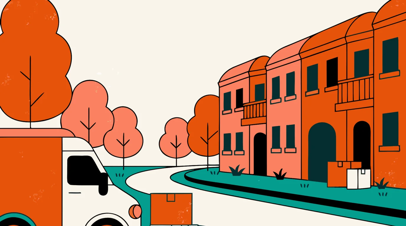 A flat-illustration street scene of a removal in Canterbury