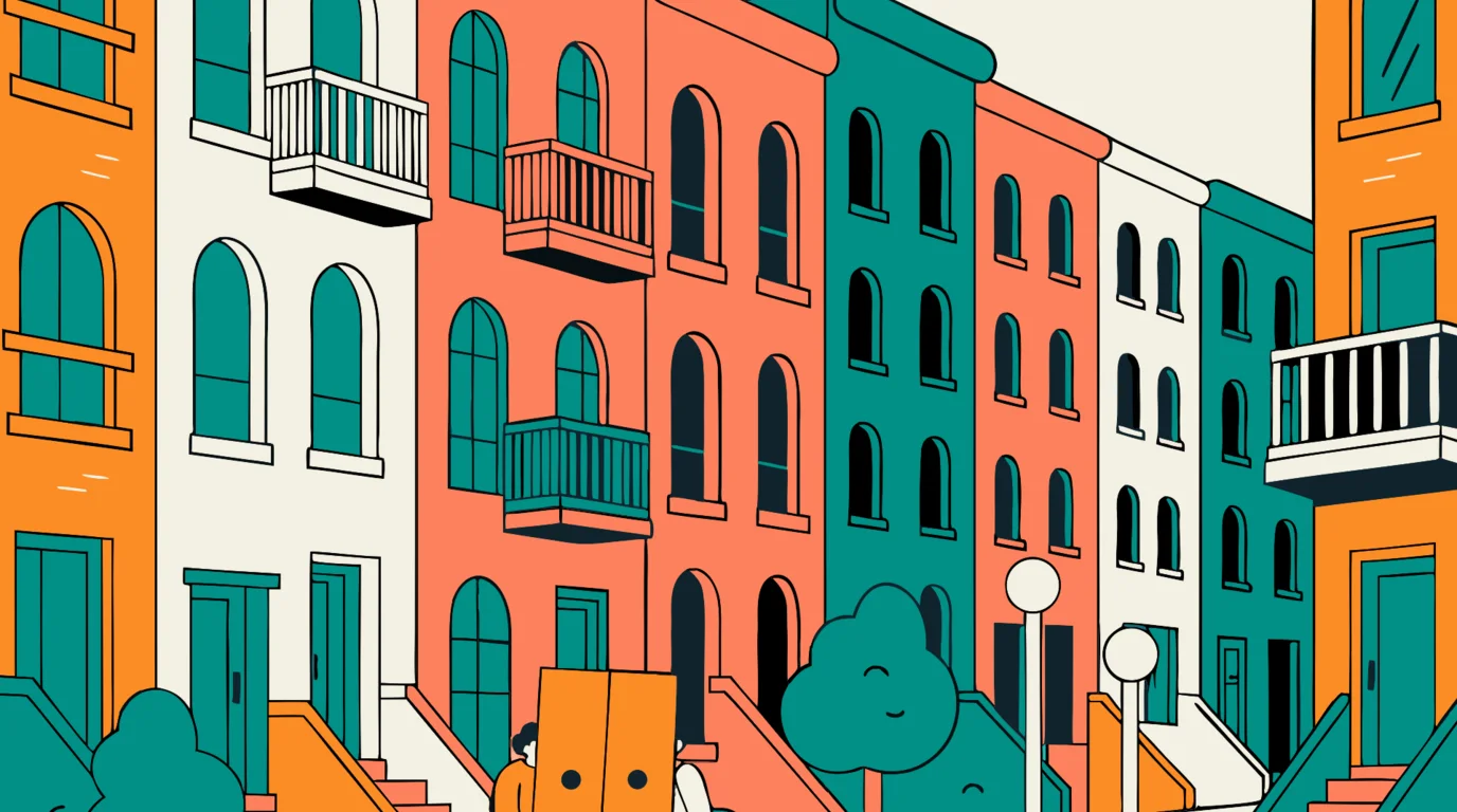 A flat-illustration street scene of a removal in Lakemba