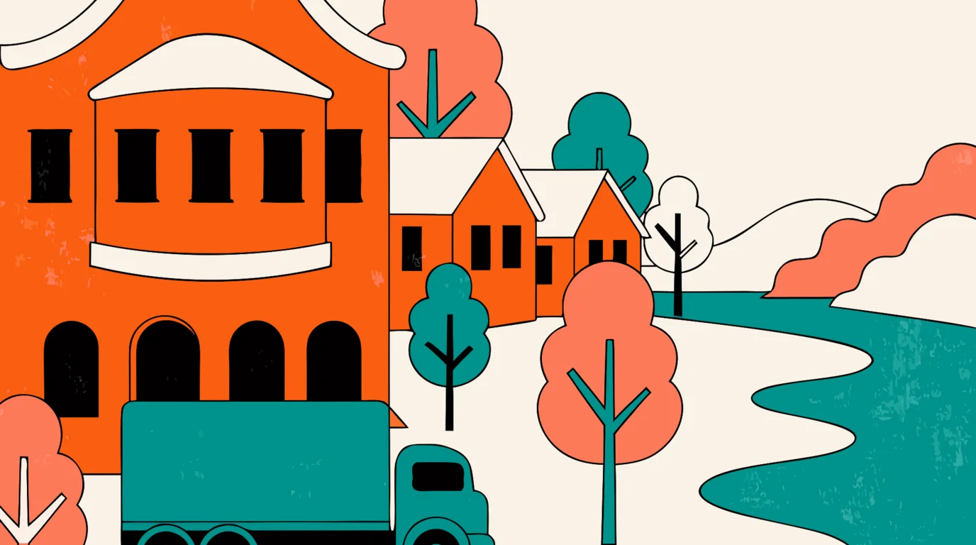 A flat-illustration street scene of a removal in Revesby